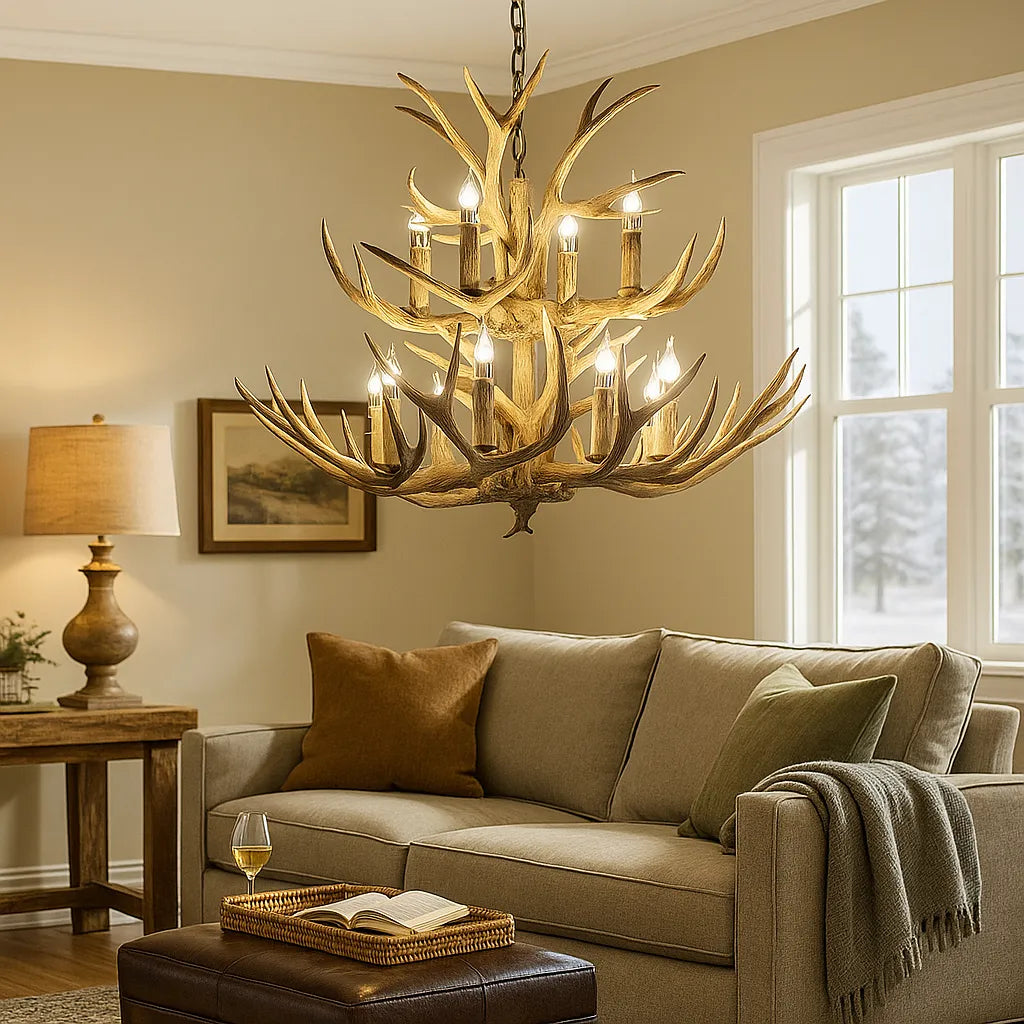 Landhausstil Kronleuchter im Geweih-Design für das Wohnzimmer
