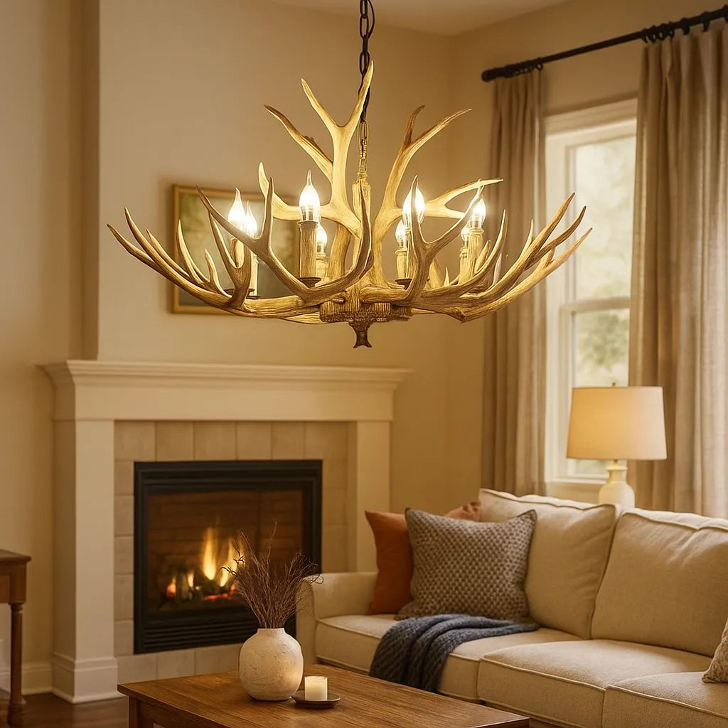 Landhausstil Kronleuchter im Geweih-Design für das Wohnzimmer