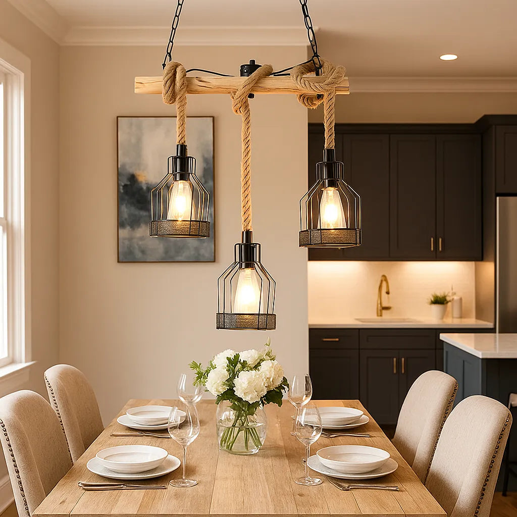 Pendelleuchte aus Holz mit mehreren Lampenschirmen für das Esszimmer