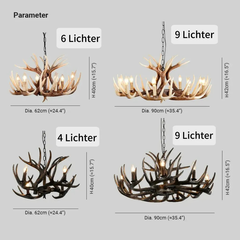 Rustikaler Kronleuchter im Landhausstil mit Geweih-Design und Kerzenhaltern