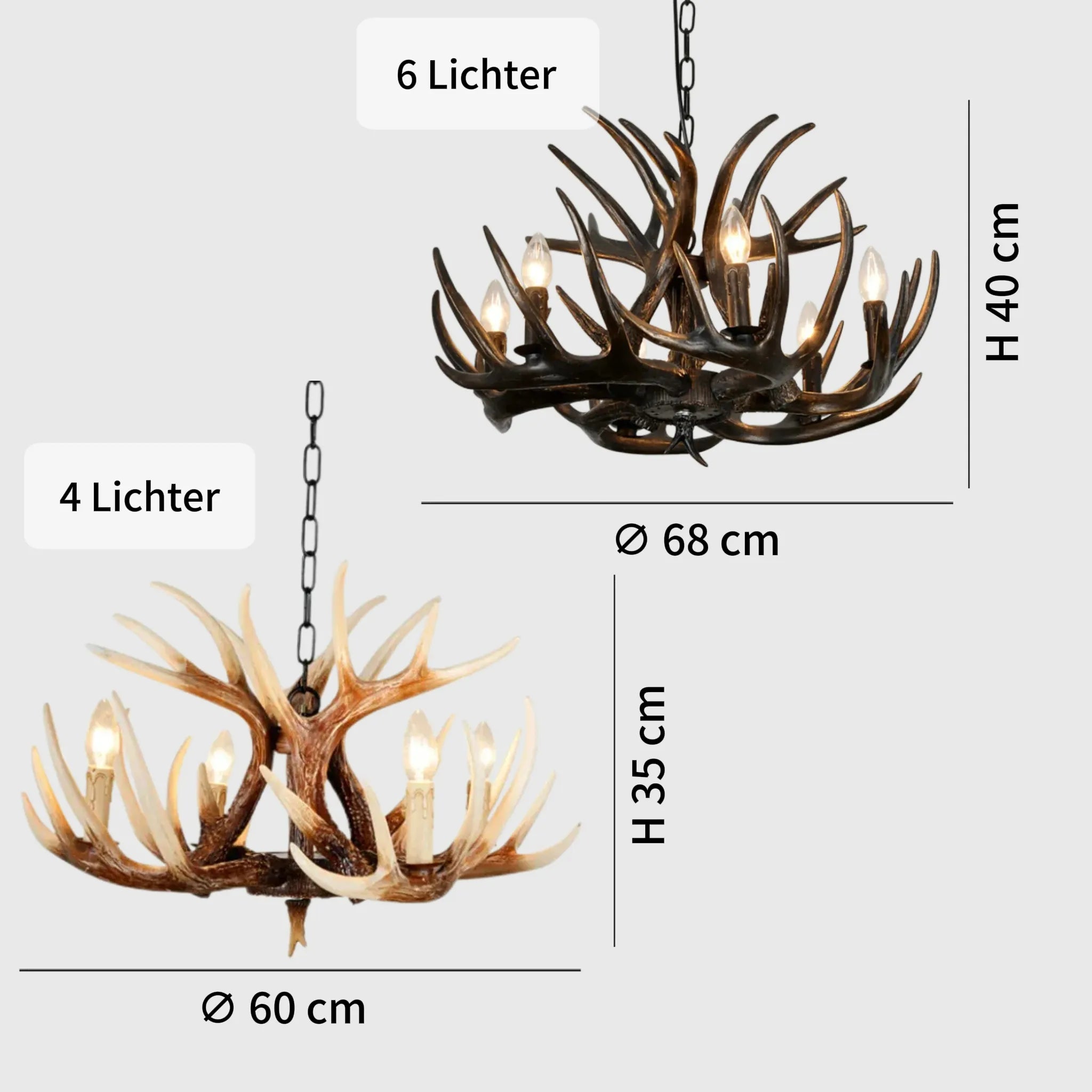 Rustikaler Kronleuchter im Landhausstil mit Geweih-Design und Kerzenhaltern