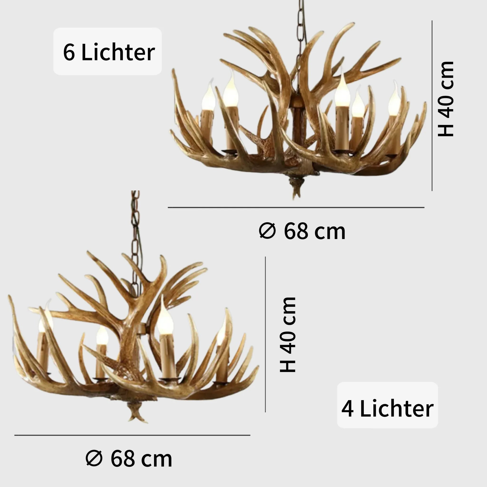 Rustikaler Kronleuchter im Landhausstil mit Geweih-Design und Kerzenhaltern