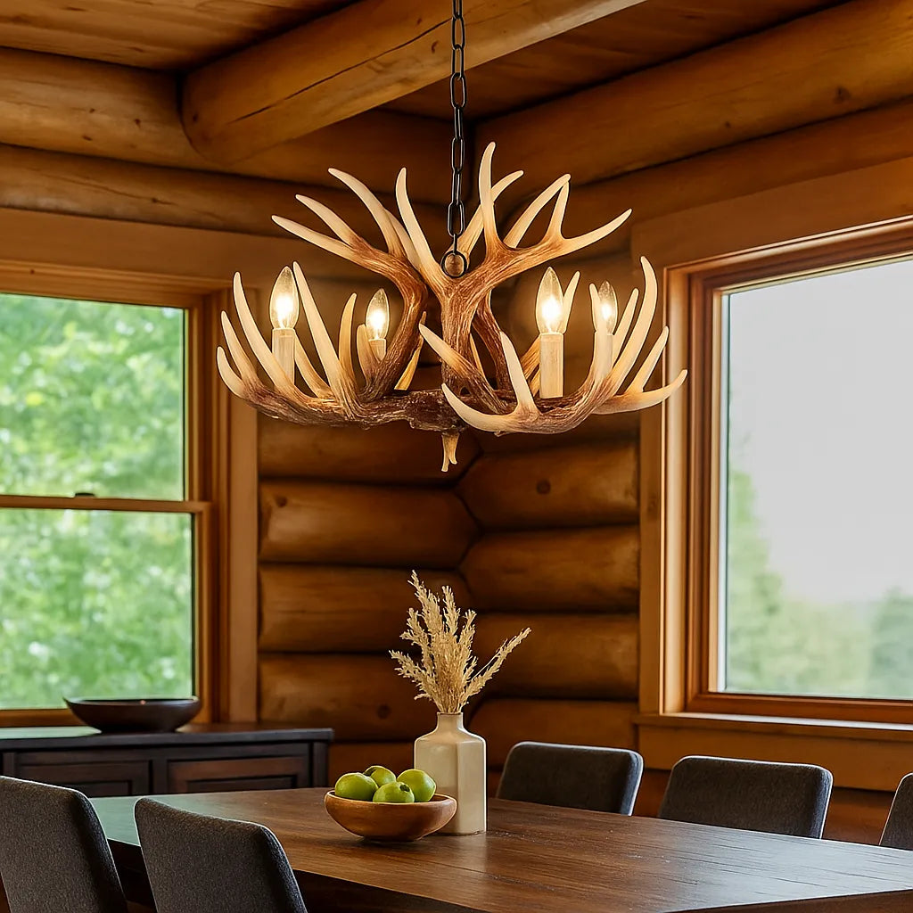 Rustikaler Kronleuchter im Landhausstil mit Geweih-Design und Kerzenhaltern