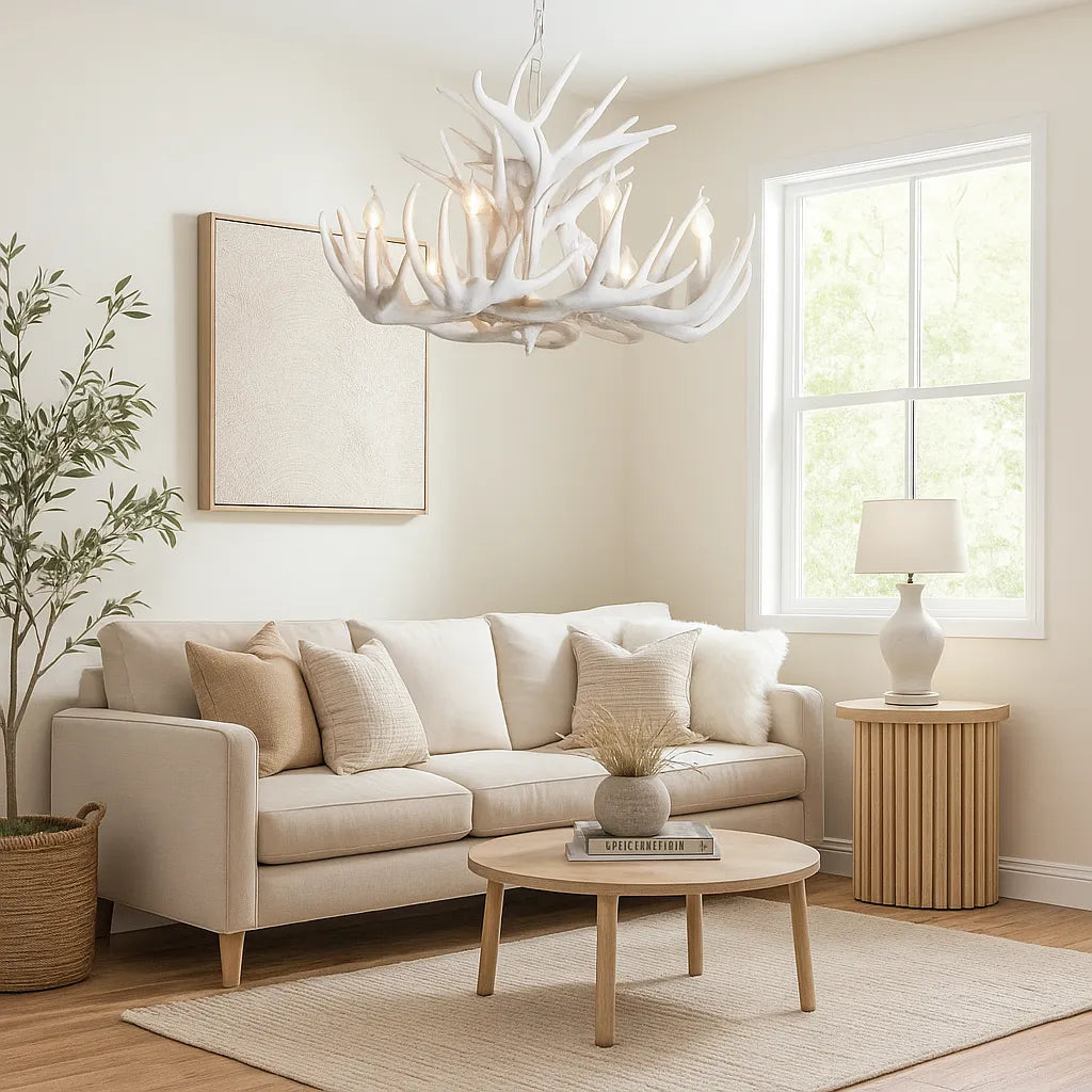 Weiße LED Kronleuchter im Landhausstil mit Geweih Design