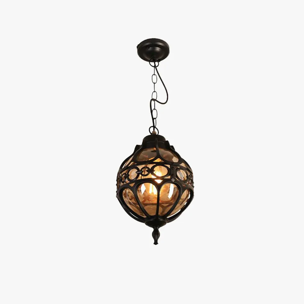 Spherical Carved Antique Copper Tone Pendant Light