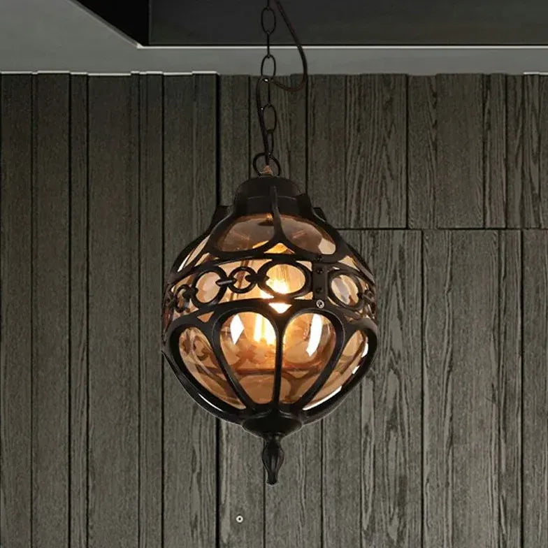 Spherical Carved Antique Copper Tone Pendant Light