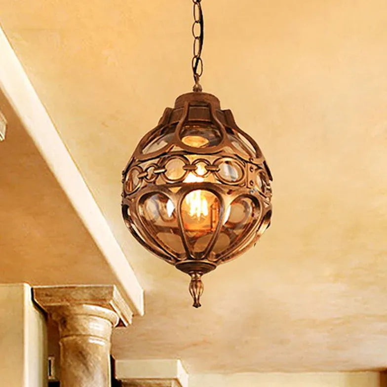 Spherical Carved Antique Copper Tone Pendant Light