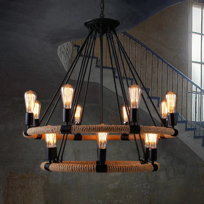 Black Double Ring Multi-Bulb Vintage Chandelier