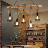 Linear Pendelleuchte 3 flammig Rustikales Seil Holz Vintage - Clowas.de