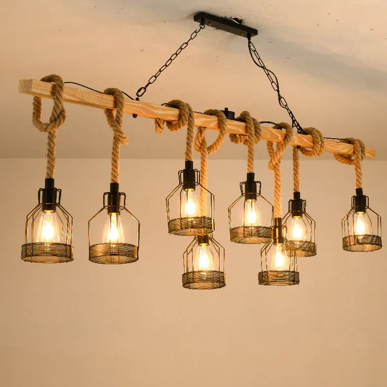 Linear Pendelleuchte 3 flammig Rustikales Seil Holz Vintage - Clowas.de