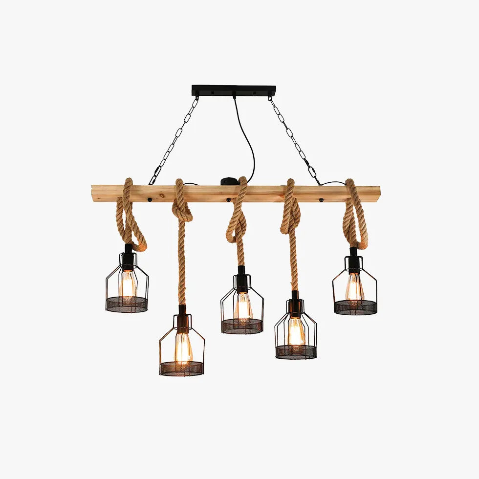 Linear Pendelleuchte 3 flammig Rustikales Seil Holz Vintage - Clowas.de