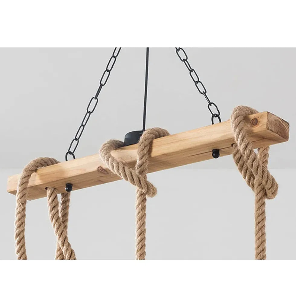 Linear Pendelleuchte 3 flammig Rustikales Seil Holz Vintage - Clowas.de