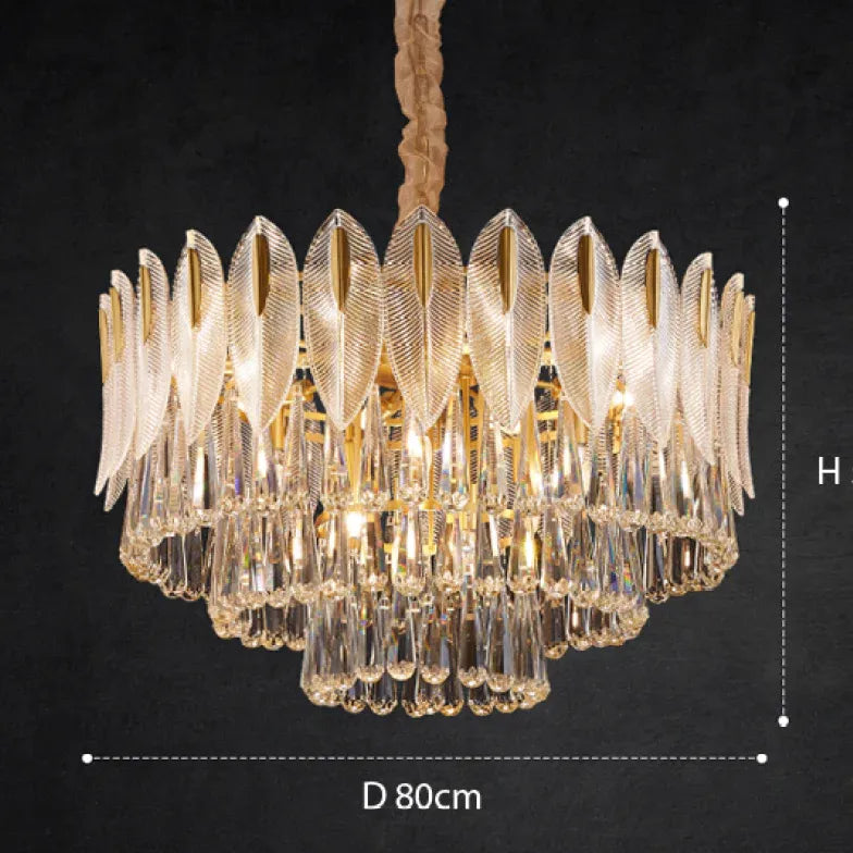 Crystal Leaf Adorned Golden Modern Chandelier