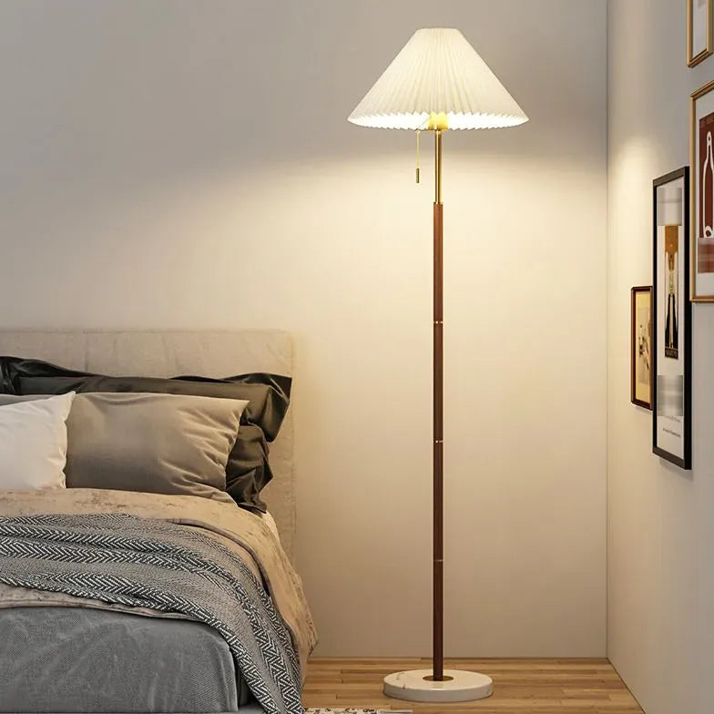 White Pleated Cone-Shaped Long Pole Floor Lamp