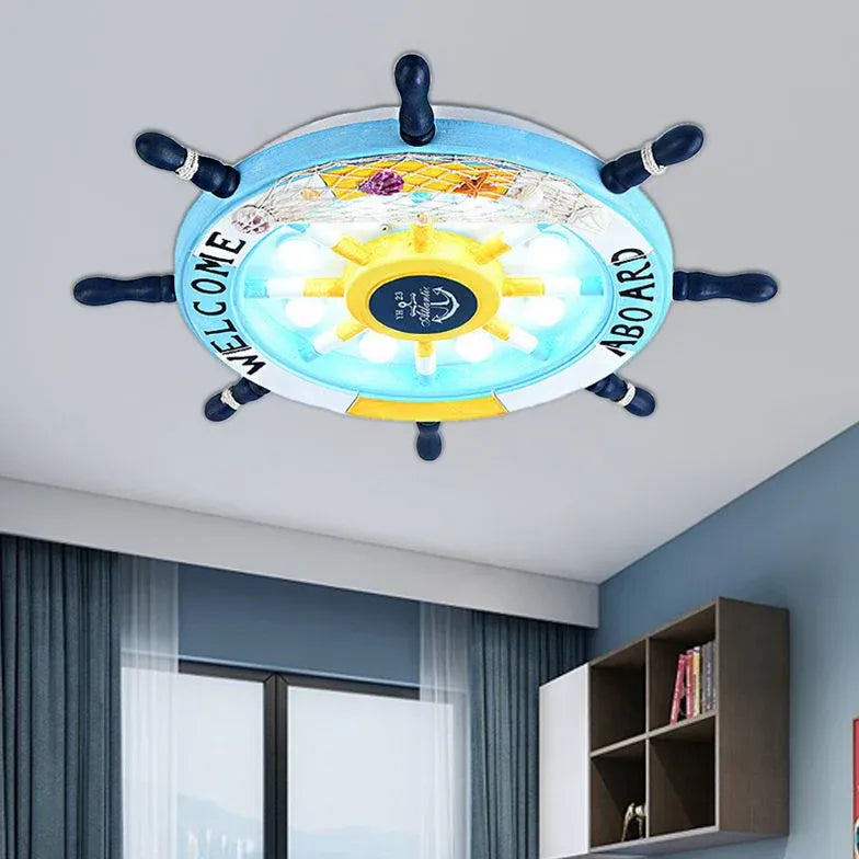 Ship Wheel-Shaped Blue and White Ceiling Light