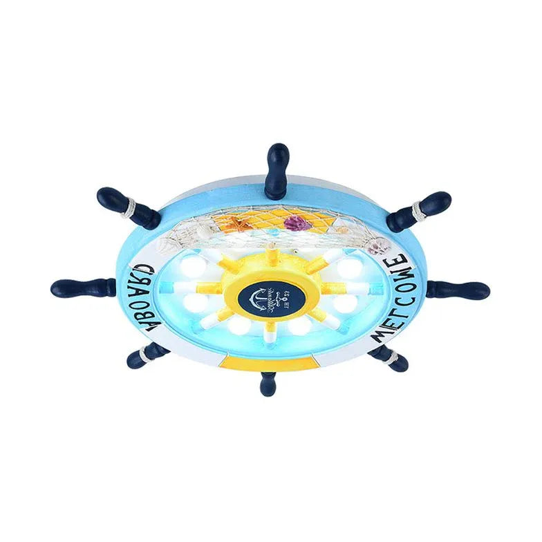 Ship Wheel-Shaped Blue and White Ceiling Light