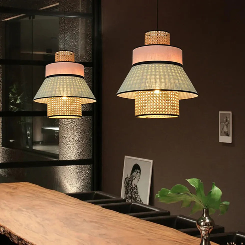 Conical Colorful Multi-Layer Rattan Pendant Light