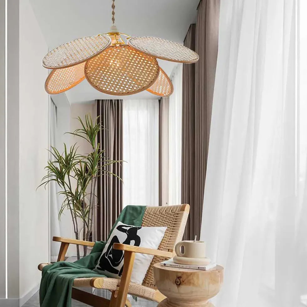 Rattan Disc Petal-Shaped Pendant Light