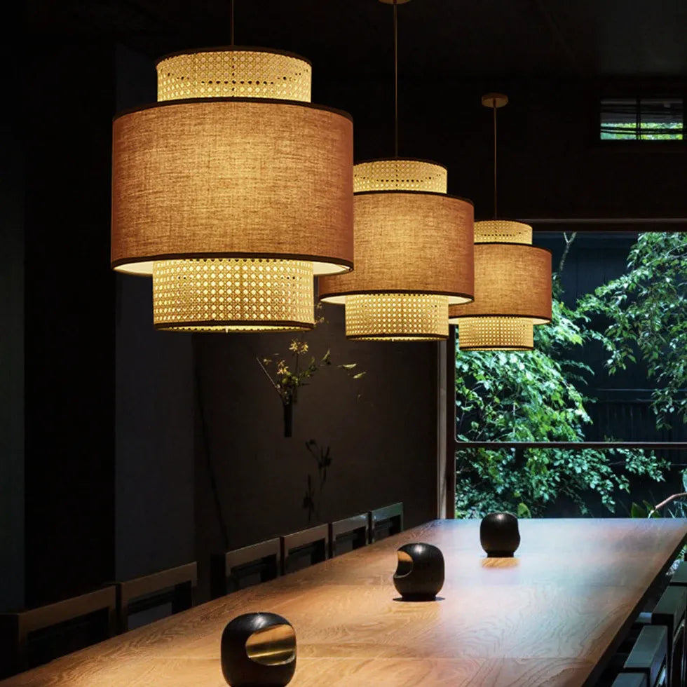 Rattan and PVC Double-Layer Cylindrical Pendant Light