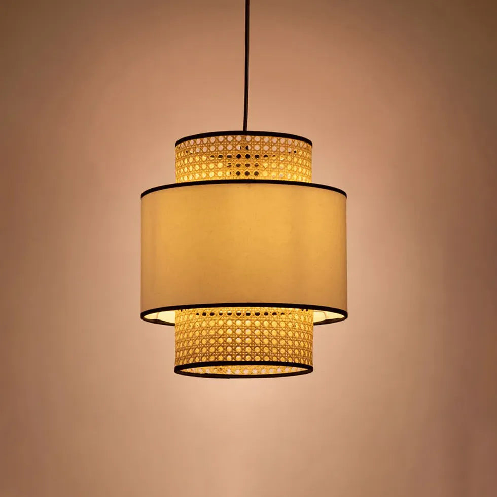 Rattan and PVC Double-Layer Cylindrical Pendant Light